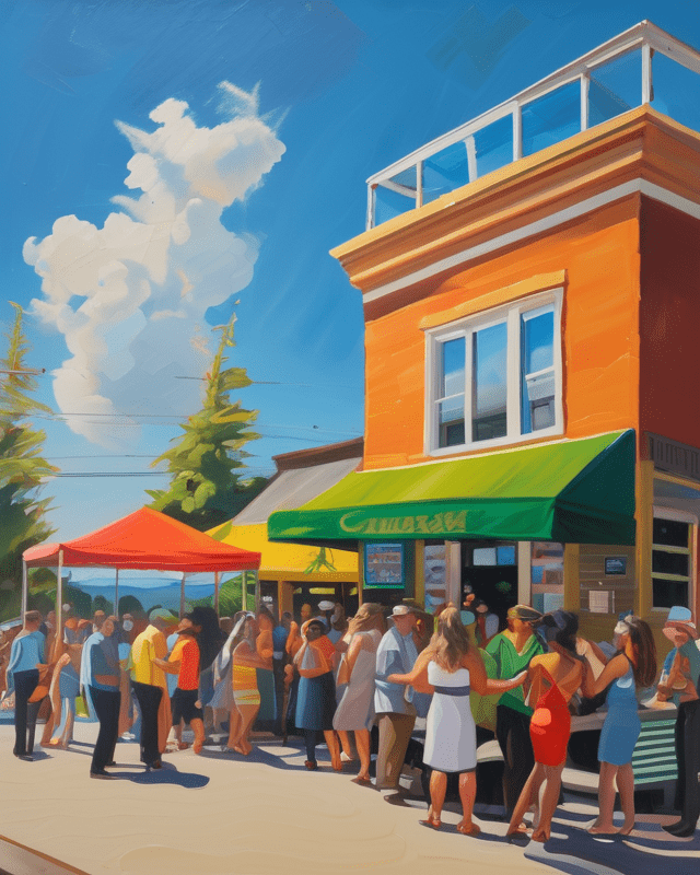 An Expressive Oil Painting Showing A Cannabis Dispensary Hosting An Outdoor Summer Event In The Sunshine
