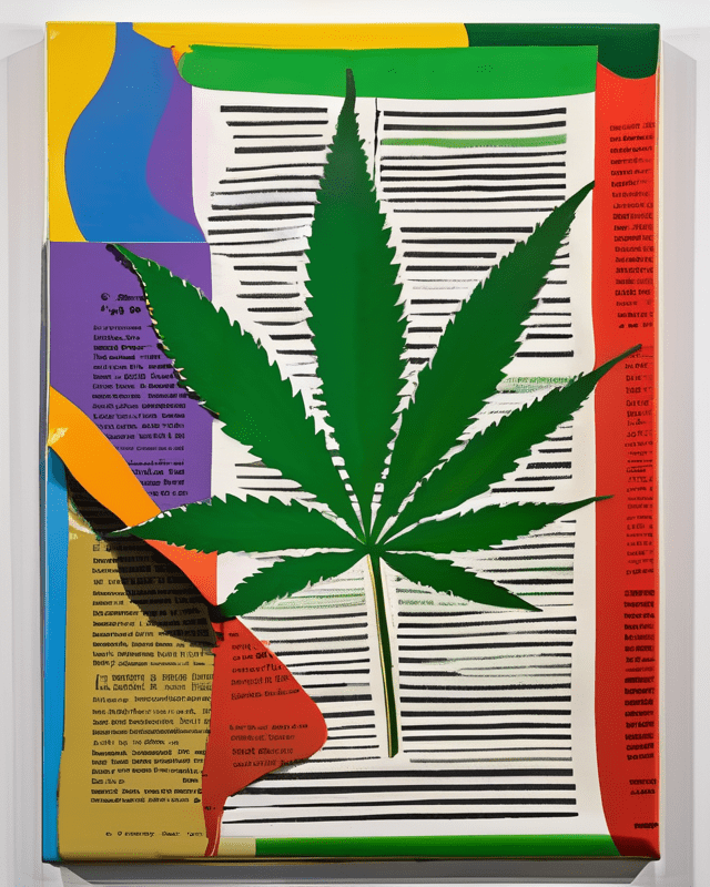 A colorful expressive oil painting of a cannabis leaf atop stylized newspapers and magazines post rescheduling. 