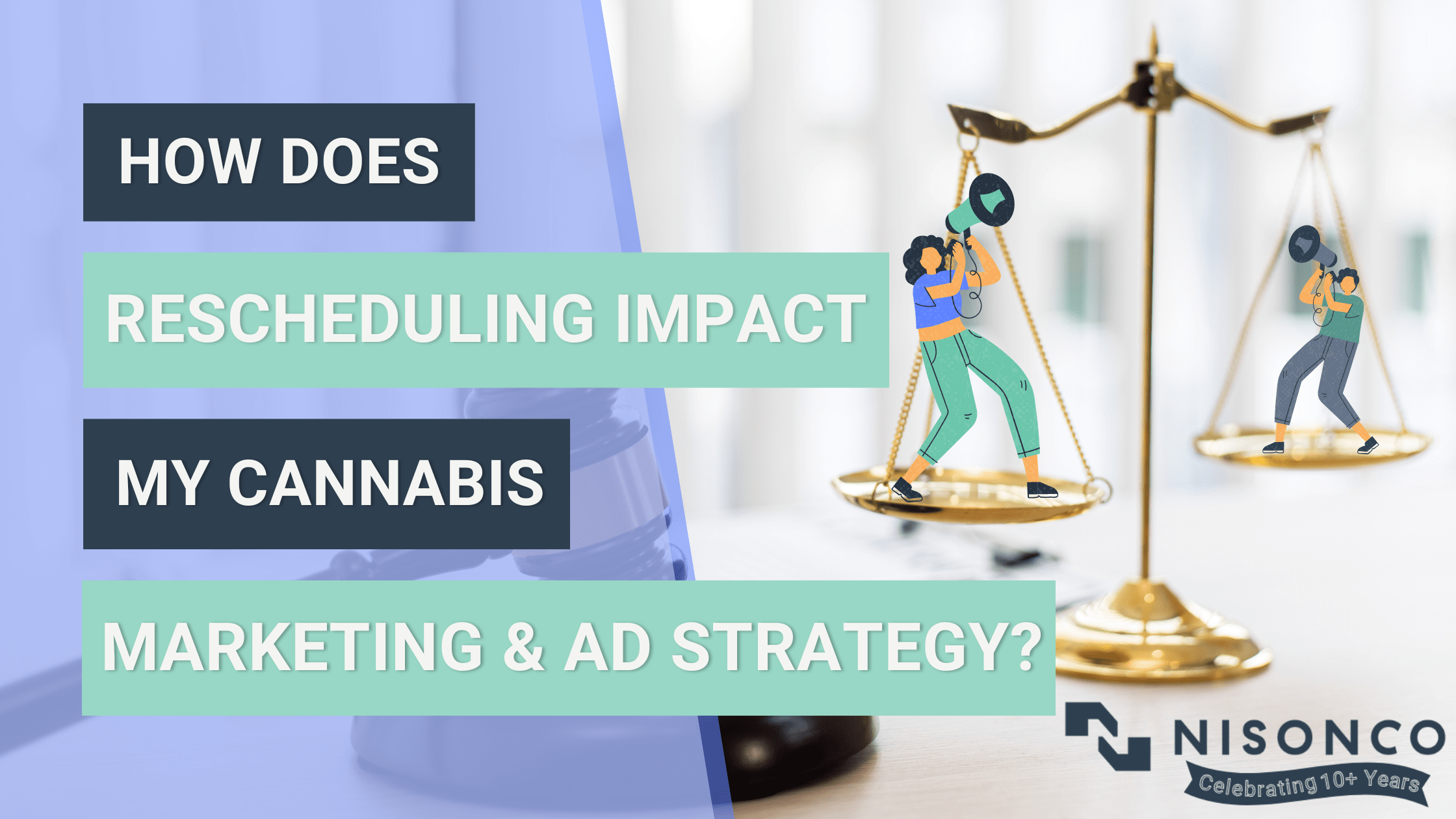 The text ' How Does Rescheduling Impact My Cannabis Marketing and Ad Strategy?' is to the left of two illustrated figures speaking into megaphones balancing on legal justice scales.