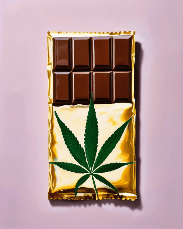 An expressive oil painting depicts a chocolate bar in gold foil with a cannabis leaf on the front.