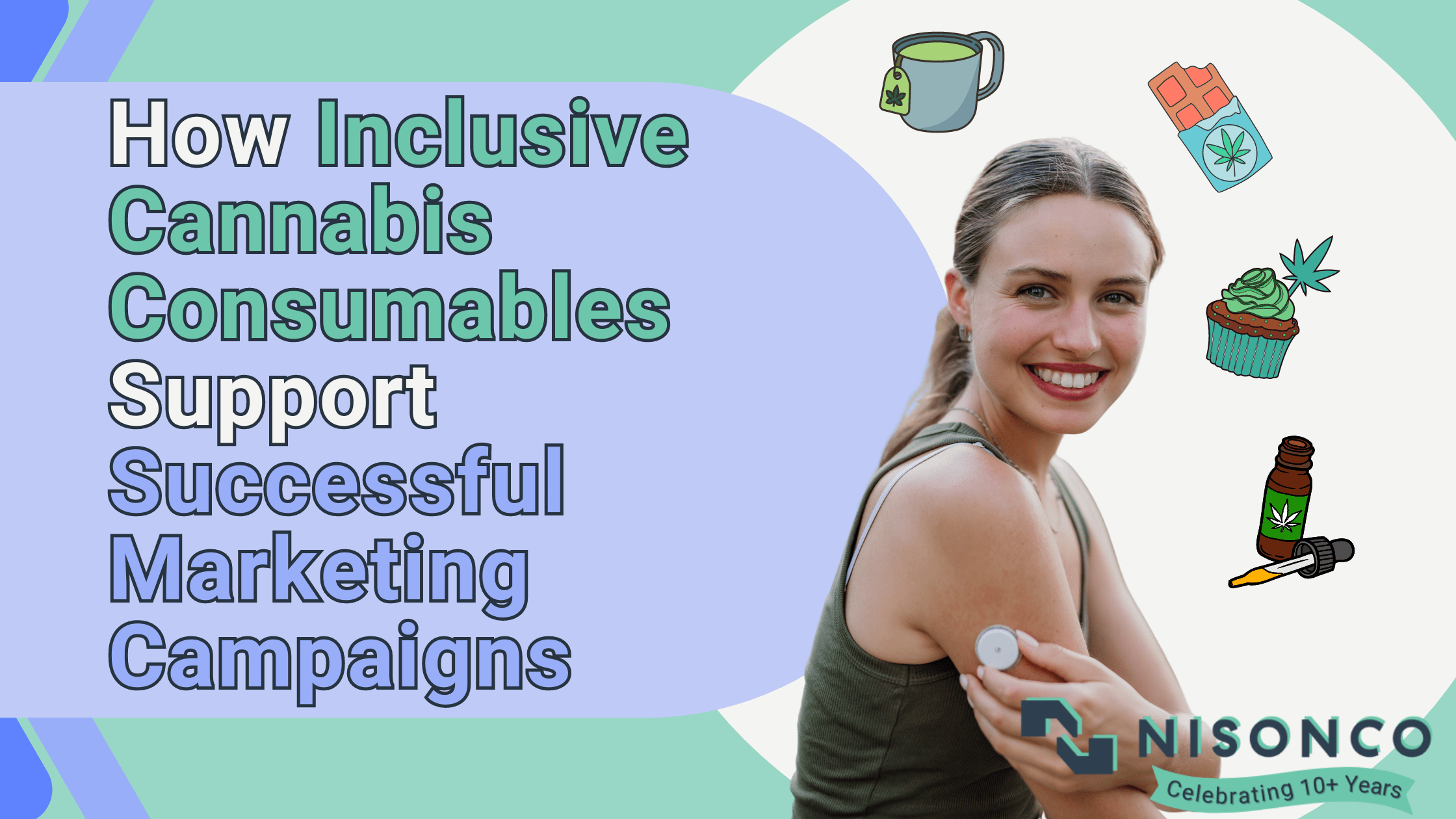 The text, 'How Inclusive Cannabis Consumables Support Successful Marketing Campaigns' is to the left of a woman with a continuous glucose monitor on her arm. Various types of cannabis consumables are illustrated floating around her head.