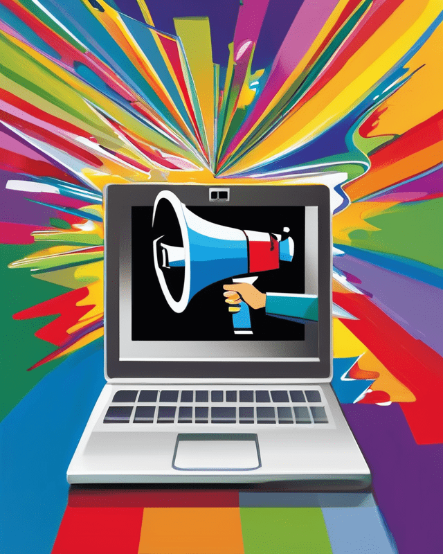 A colorful expressive oil painting depicting a laptop with a hand holding a megaphone emerging from the screen.