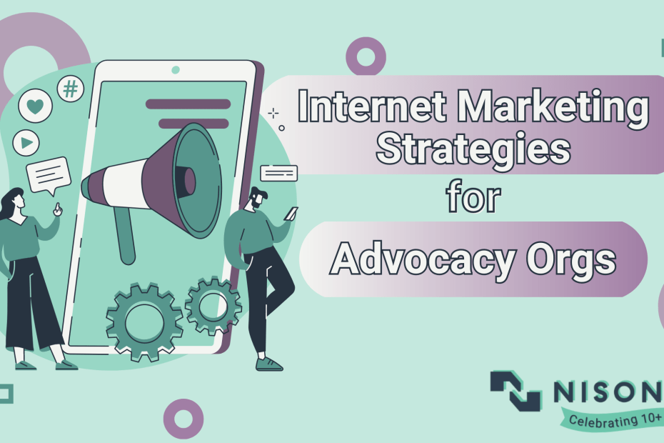 The text 'Internet Marketing Strategies for Advocacy Organizations' is to the right of a graphic of a large tablet with a megaphone on it, surrounded by a woman talking and a man leaning against the tablet and looking at his cell phone.