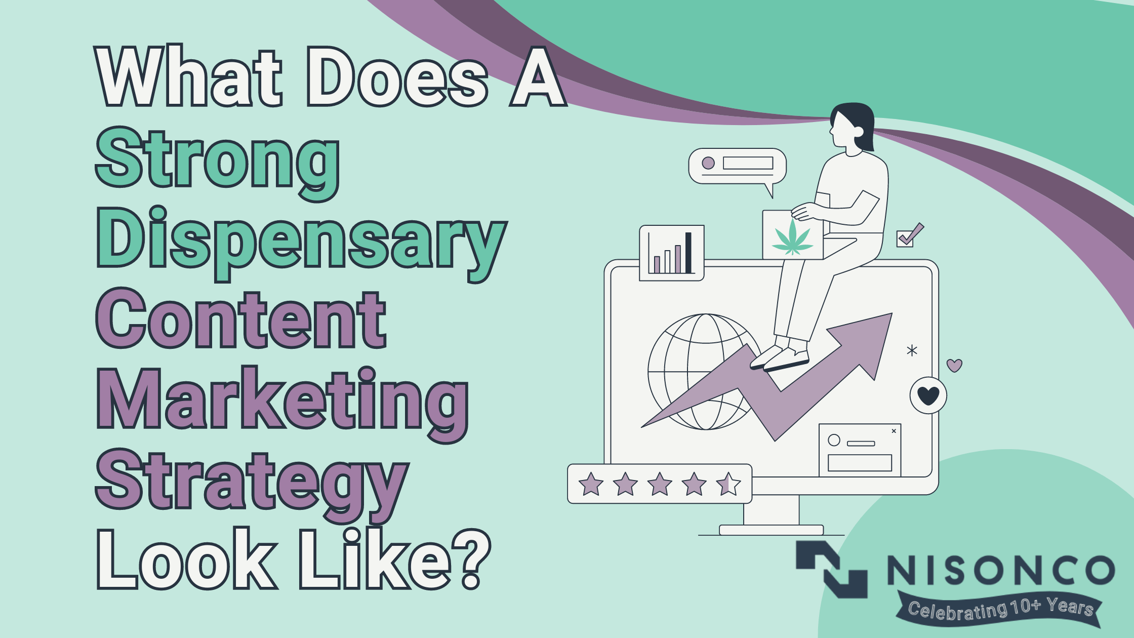 The text, ' What Does a Strong Dispensary Content Marketing Strategy Look Like?' is to the left of an illustration of a person with a laptop with a cannabis leaf on it who is sitting atop the edge of a large desktop computer screen demonstrating content metrics