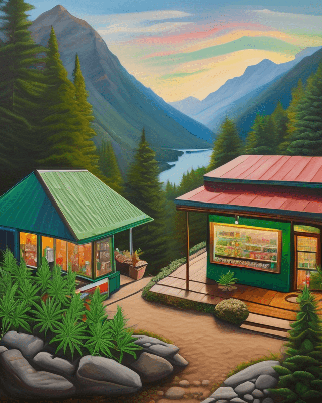 An Expressive Oil Painting Showing A Cannabis Dispensary Marketing Store In A Mountaintop Location With An Epic View
