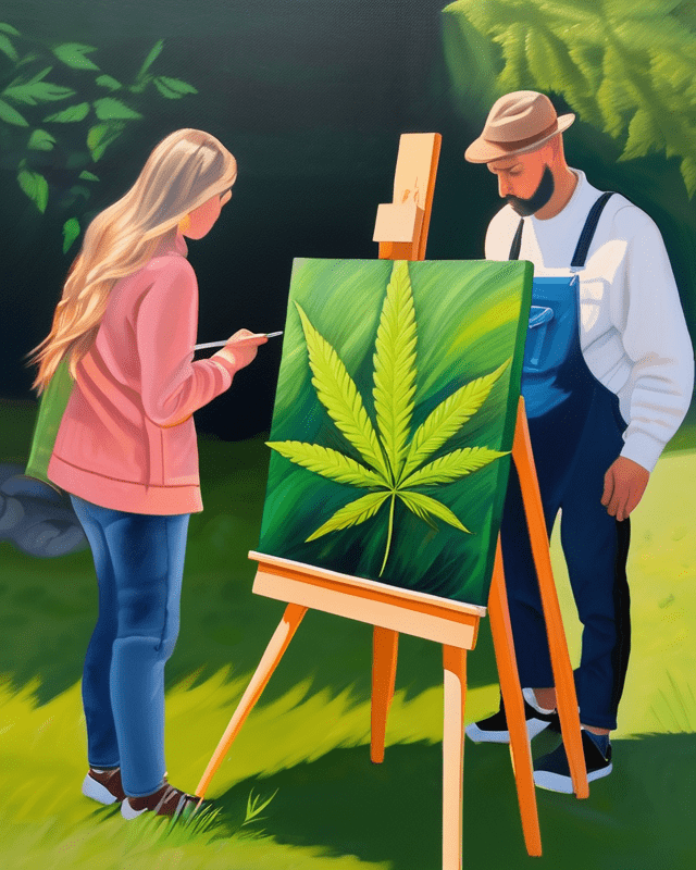 An Expressive Oil Painting Showing A Group Of People Standing Outside In Nature While Painting Cannabis Leaf Designs Onto Canvas On Easels