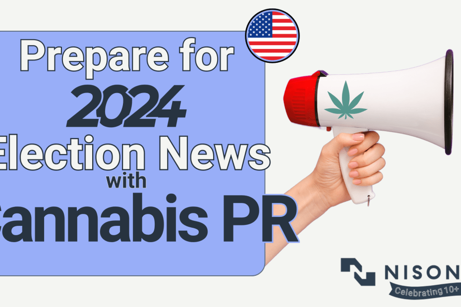 The text, ' Prepare for 2024 Election News with Cannabis PR' is to the left of an arm holding a megaphone with a cannabis leaf symbol on it. A circular American flag floats above.