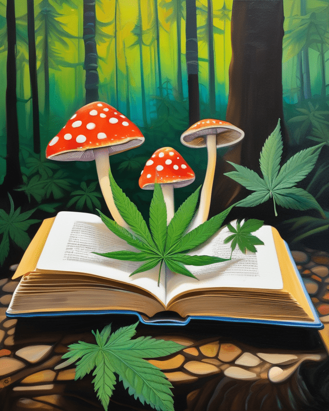 An expressive oil painting shows cannabis and psychedelic books coming to life in a brightly painted forest.