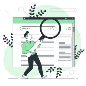 Illustration of a person holding a magnifying glass in front of a web search page, representing cannabis SEO services offered by NisonCo, a cannabis SEO agency with over a decade of experience in improving search rankings and website traffic for cannabis companies.