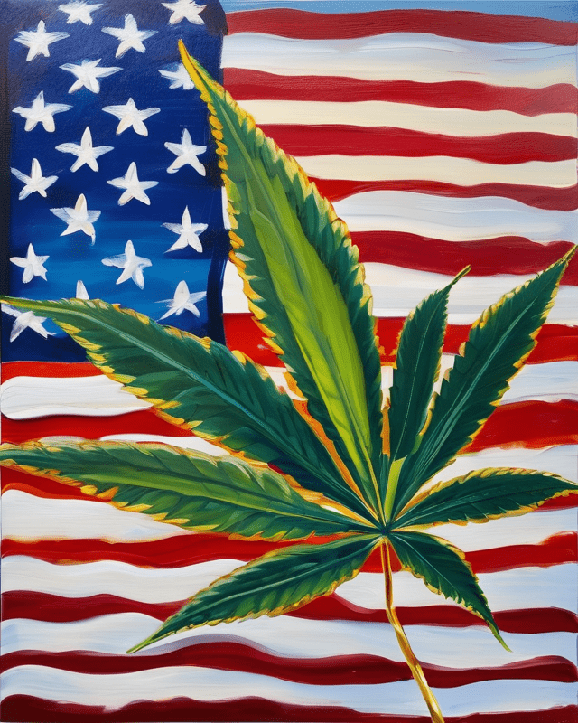 An Expressive Oil Painting Of An American Flag Cannabis Leaf