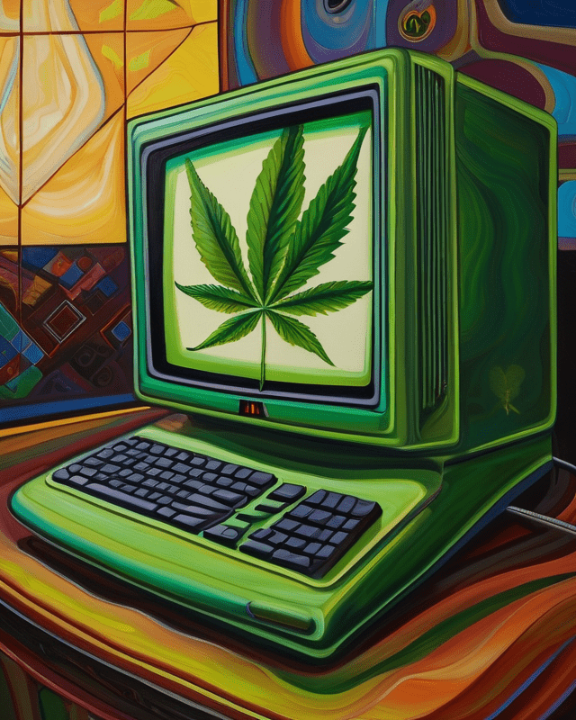 An Expressive Oil Painting Of A Computer With A Cannabis Leaf On The Screen