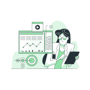 Illustration of a person analyzing data on a tablet with charts and graphs displayed on a screen, representing medical SEO services and medical SEO marketing provided by NisonCo.