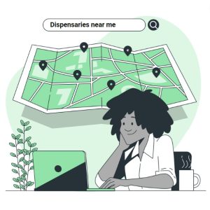 A person searching "Dispensaries near me" on their laptop sees a map full of options, underscoring the importance of dispensary SEO services. NisonCo, a leading dispensary SEO agency, excels at helping businesses attract customers through effective SEO strategies.