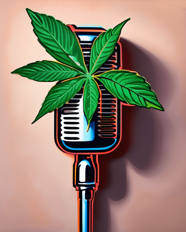 An Expressive Oil Painting Of A Podcast Or Radio Microphone With A Cannabis Leaf Design On It