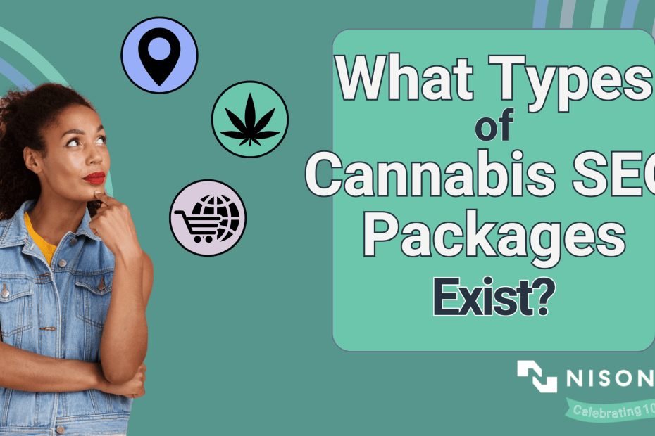 The text 'What Types of Cannabis SEO Packages Exist' is to the right of a woman in a denim vest examining icons of a location pin, cannabis leaf and e-commerce shopping cart