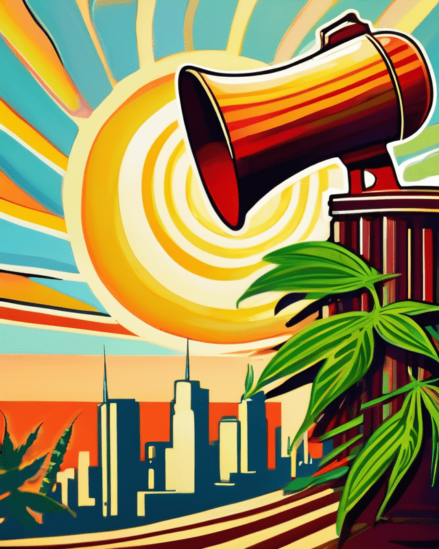 An Expressive Oil Painting Of A megaphone With A Cannabis Leaf Design On It is poised in front of a stylized sun and over a metro area