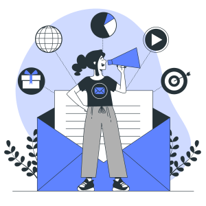 Illustration of Email Marketing Strategy: A person holding a megaphone stands in front of an envelope, surrounded by icons representing marketing channels. This image symbolizes outbound conference lead generation through strategic email campaigns.