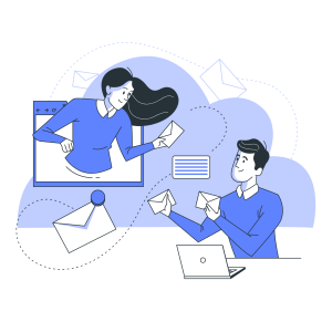 Illustration of Email Networking for Conferences: Two people are shown exchanging emails, representing outbound conference lead generation. The digital elements and envelopes emphasize proactive networking and client engagement strategies.