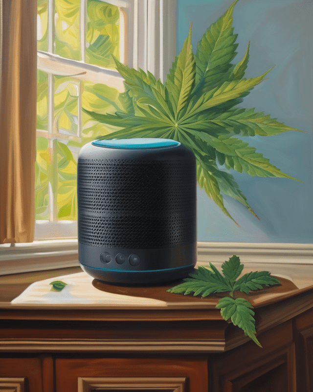 An Expressive Oil Painting of a smart speaker with cannabis leaves floating out like music notes voice search