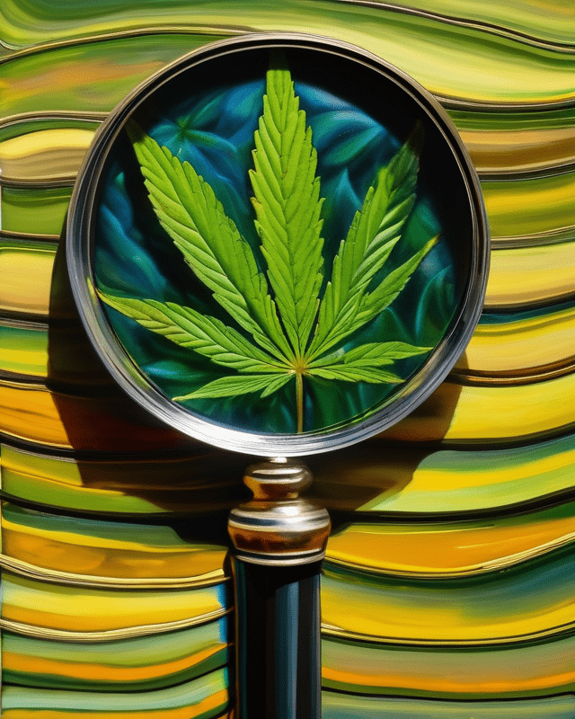 An impressionist painting of a cannabis leaf through the lens of a magnifying glass