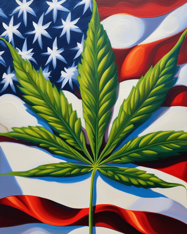 An Expressive Oil Painting Of a cannabis leaf with an American flag pattern. Labor Day.