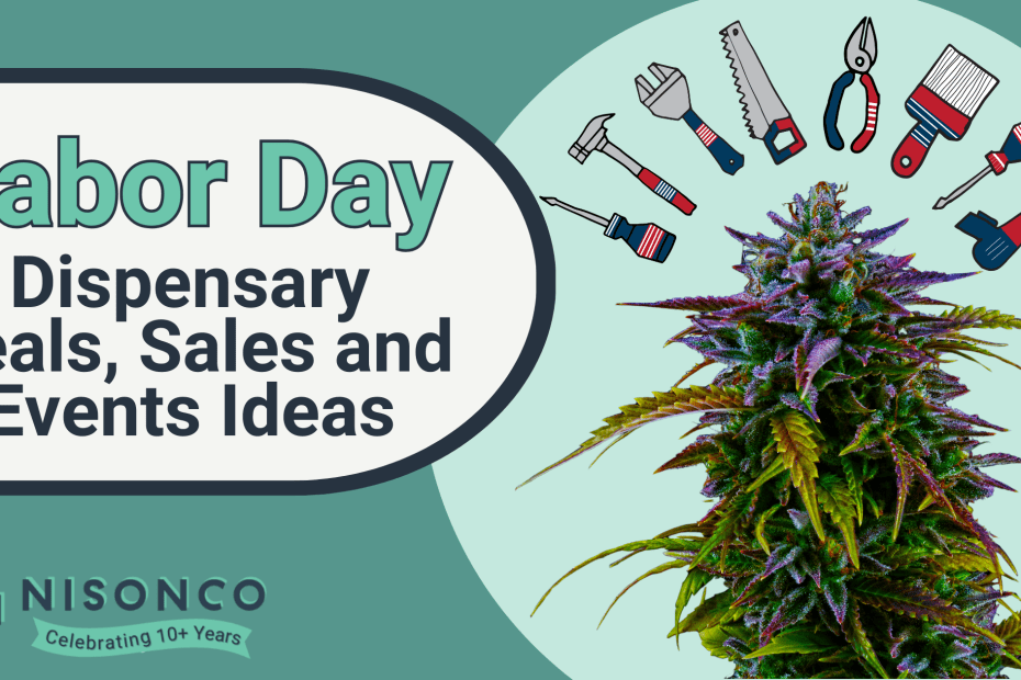 The text 'Labor Day Dispensary Deals, Sales and Events Ideas' is to the left of a purple and green cannabis flower wreathed by various handheld tools