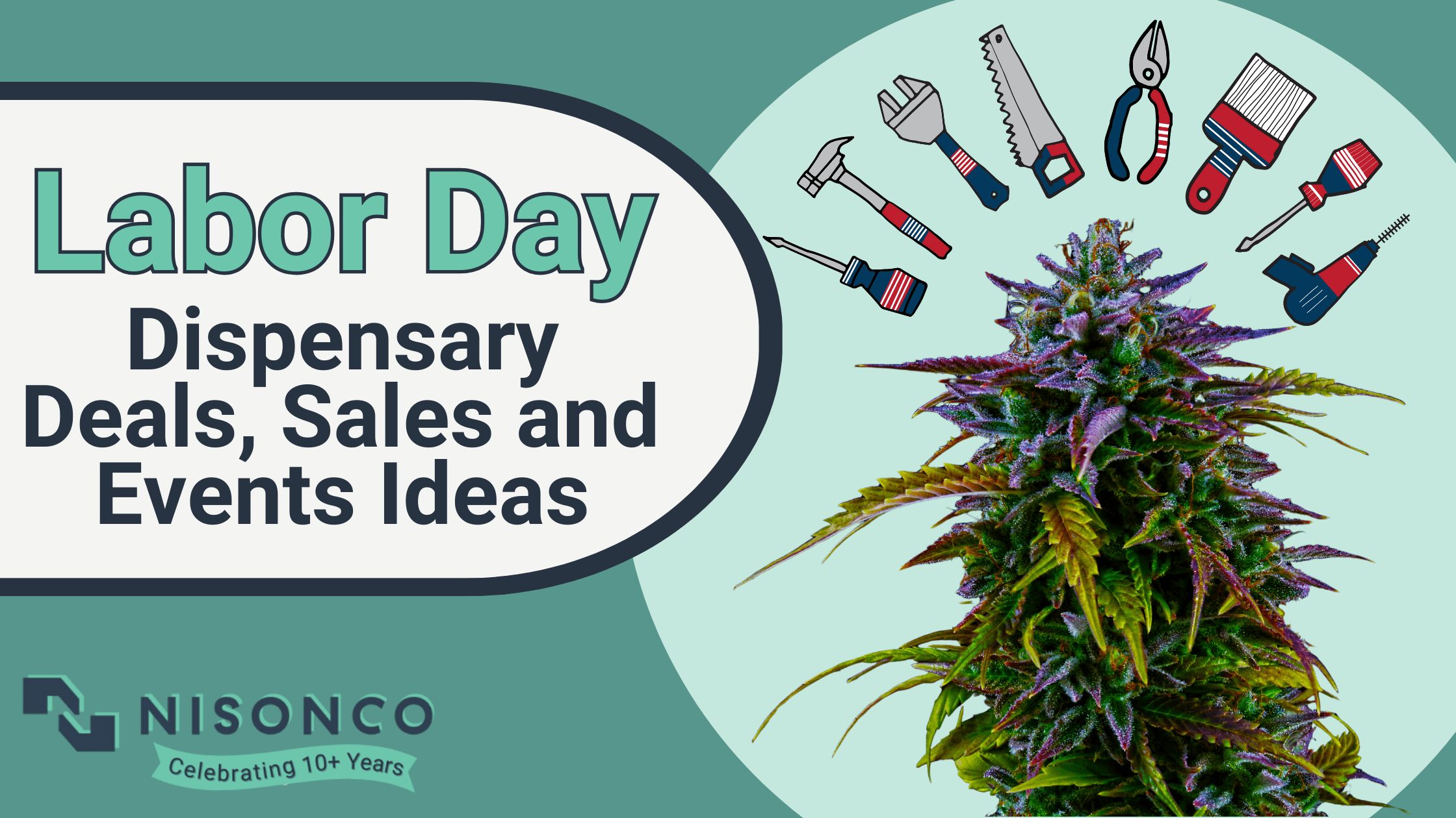 The text 'Labor Day Dispensary Deals, Sales and Events Ideas' is to the left of a purple and green cannabis flower wreathed by various handheld tools