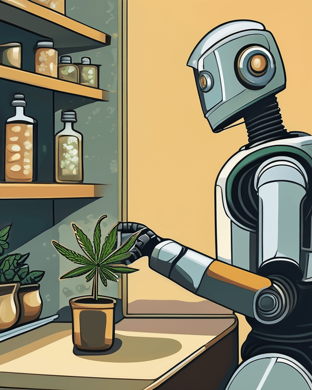 An expressive oil painting in neutral tones of a robot handling cannabis at a counter