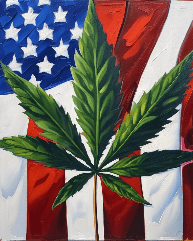 An expressive oil painting of a cannabis leaf in front of an American flag