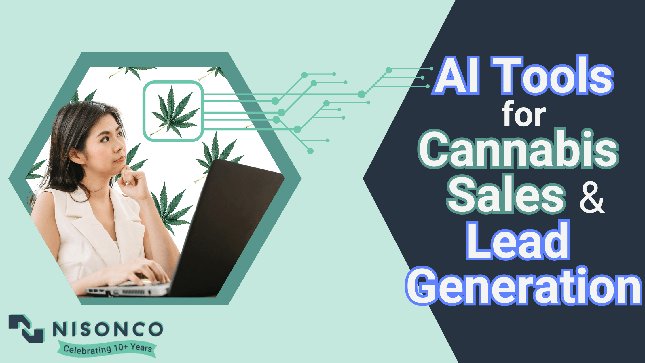 The text 'AI Tools for Cannabis Sales & Lead Generation' is to the right of a woman sitting at a laptop considering a cannabis leaf in a stylized digital AI field