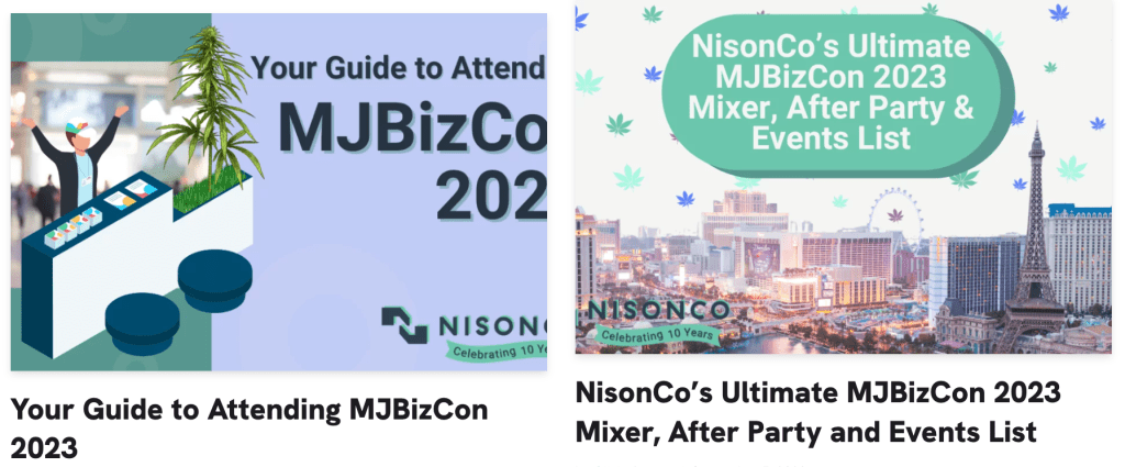 Two 2023 MJBizCon blogs written by NisonCo are displayed side-by-side. 