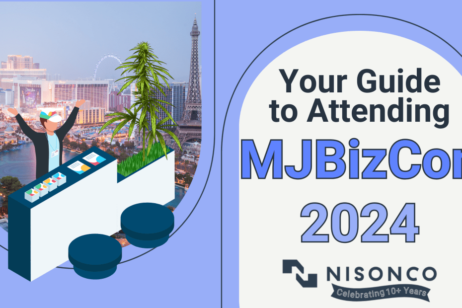 The text, Your Guide to Attending MJBizCon 2024' is to the right of a stylized conference booth with cannabis plant growing out of it in front of the Las Vegas skyline.