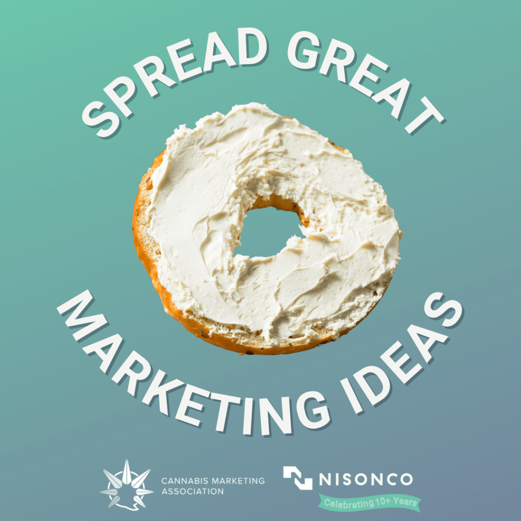 The text 'Spread Great Marketing Ideas' is around the image of a cream-cheese-smeared half bagel.