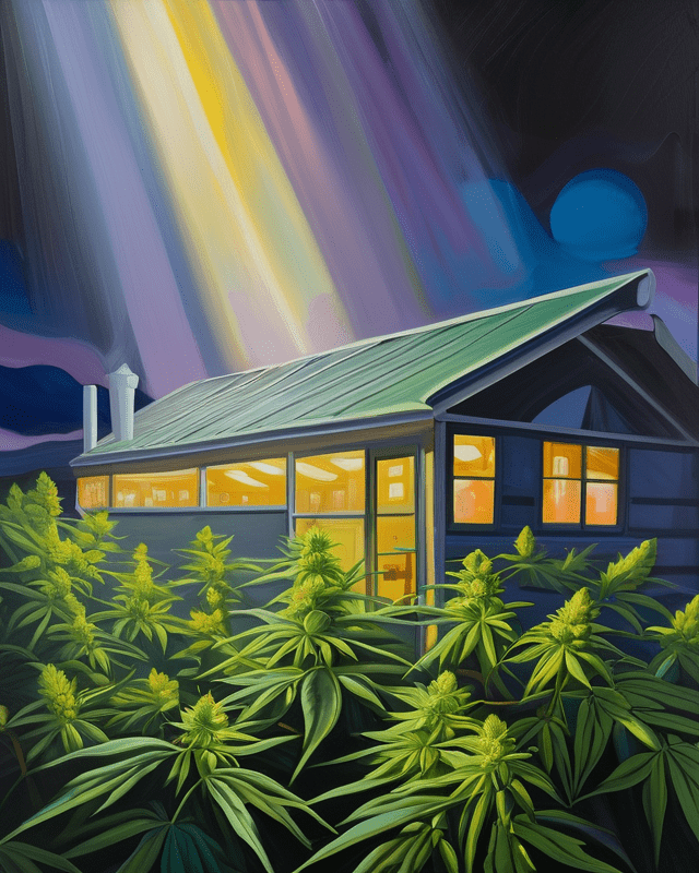 An expressive oil painting of a spotlight on a small cannabis cultivation operation.