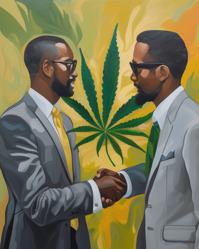 An expressive oil painting in neutral tones of a handshake between two black men in suits with a cannabis leaf in the background. 