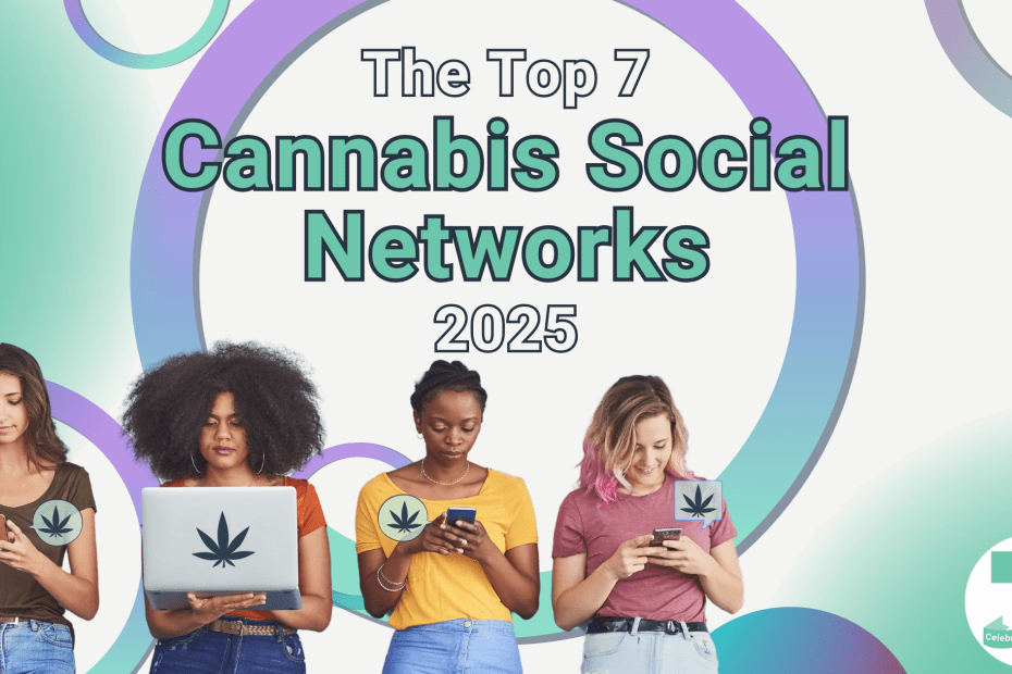 The text 'The Top 7 Cannabis Social Networks in 2025' is above a group of four women looking at phones or laptops with cannabis icons hovering near them to indicate cannabis social network use.