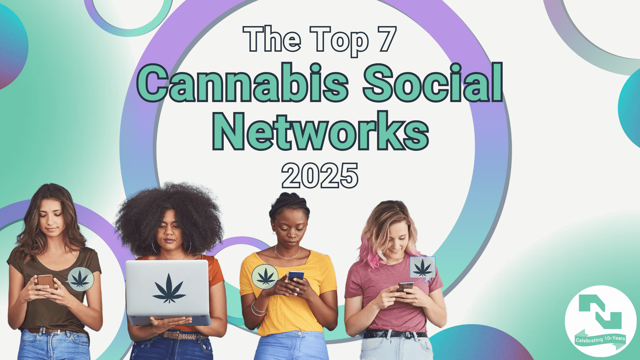 The text 'The Top 7 Cannabis Social Networks in 2025' is above a group of four women looking at phones or laptops with cannabis icons hovering near them to indicate cannabis social network use.