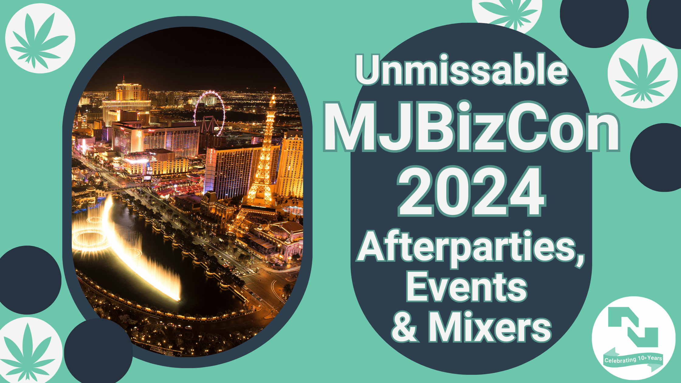 The text 'Unmissable MJBizCon 2024 Afterparties, Events, and Mixers' is to the right of an image of the Las Vegas Strip at nighttime.