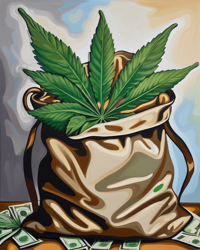 An impressionistic painting depicting a bag overflowing with cannabis beside lots of money, indicating a cannabis pr budget.