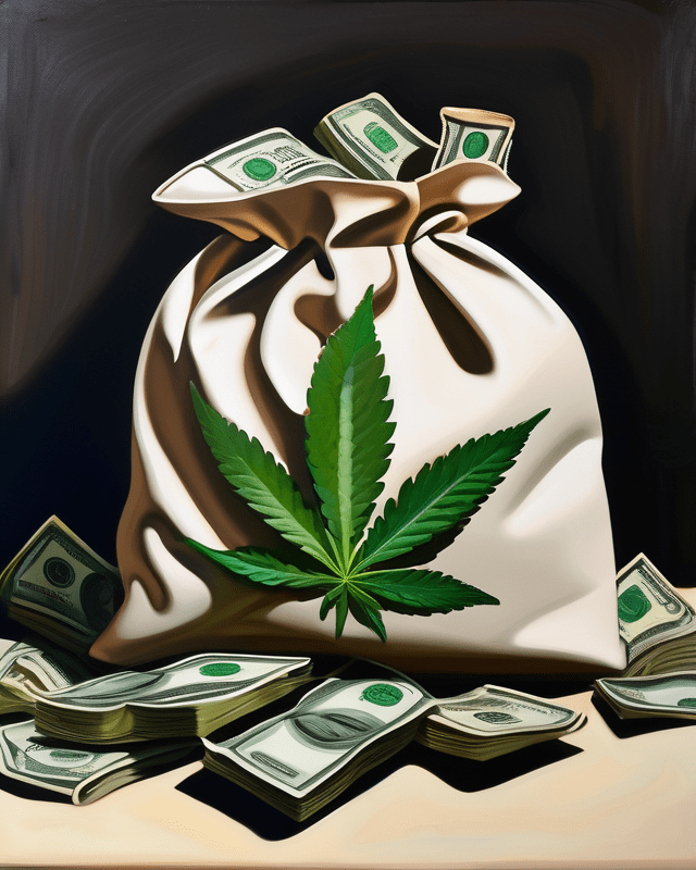 An Expressive Oil Painting in Neutral tones of a bag of money with a cannabis leaf decorating the front.