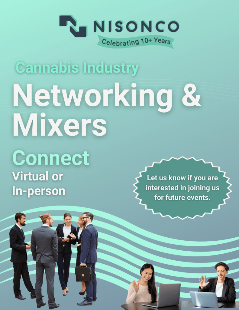 The text 'Cannabis Industry Networking & Mixers' is above the connect virtual or in-person text above groups of standing networking business people and people video calling.