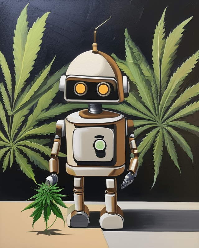 An expressive oil painting in neutral tones of a robot selling cannabis to symbolize AI use cases.