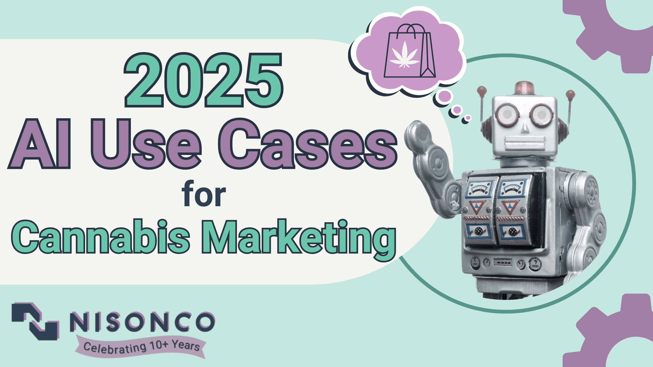 The text '2025 AI Use Cases for Cannabis Marketing' is to the left of a robot with a thought bubble showing a cannabis shopping bag