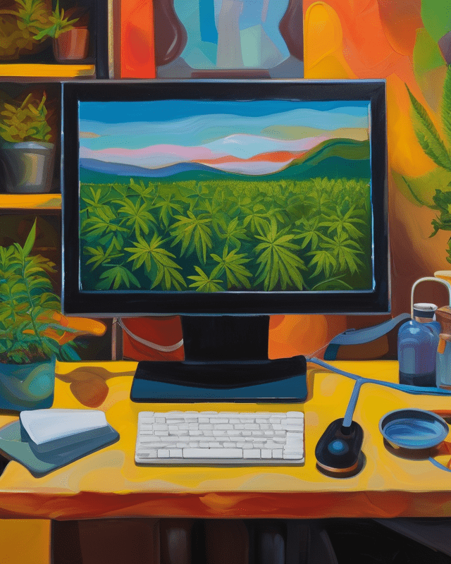 An Expressive Oil Painting Showing A field of Cannabis on an SEO blogging best practices computer desktop that sits atop a desk with plants