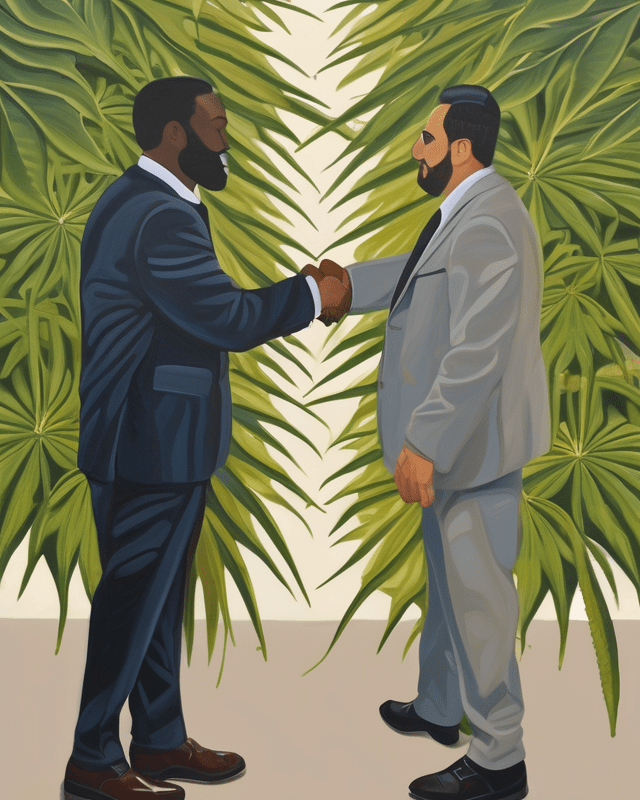 An expressive oil painting in neutral tones of a handshake between two men in suits doing cannabis B2B lead generation, with stylistic cannabis plants behind them.