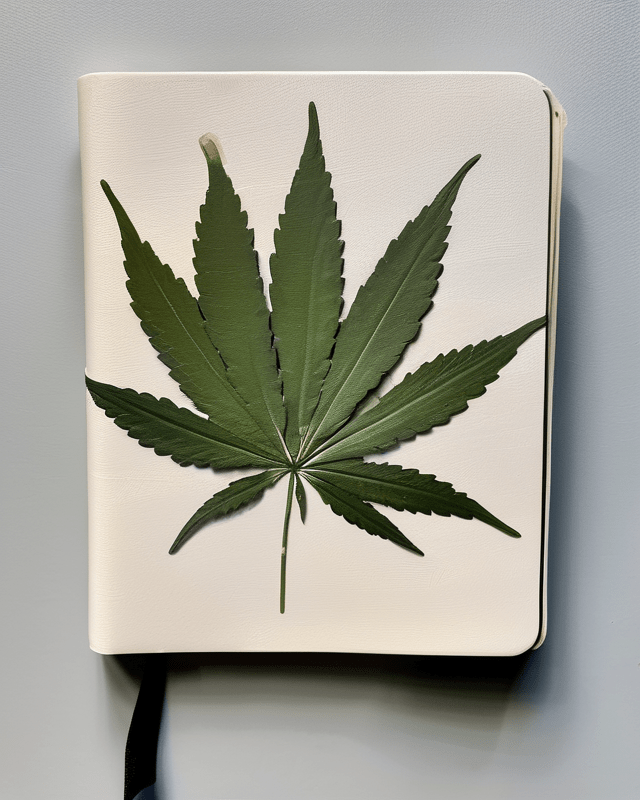 An expressive oil painting in neutral tones of a blank planner with cannabis leaves on it