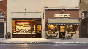 An illustration of a cannabis dispensary next to a pizza shop. The cannabis dispo has a winning 230 marketing strategy in place and is prepared for the holiday. Are you? Click for 4/20 marketing support!