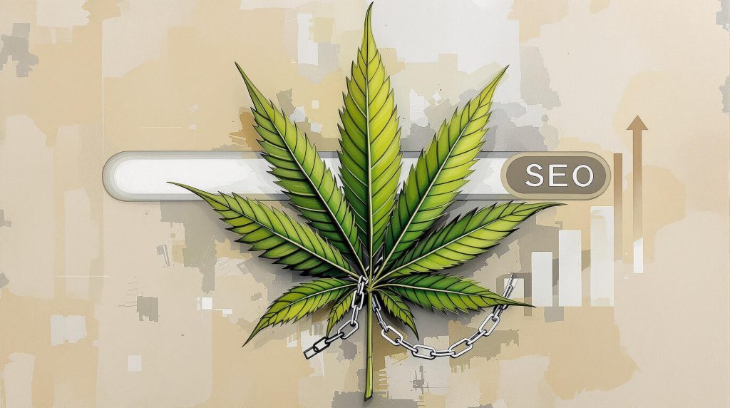 A cannabis leaf with backlink SEO is superimposed on a search bar and neutral background.