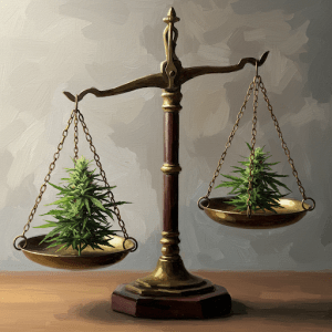 An image of cannabis on a scale of justice. This image represents the connection between cannabis and social justice.