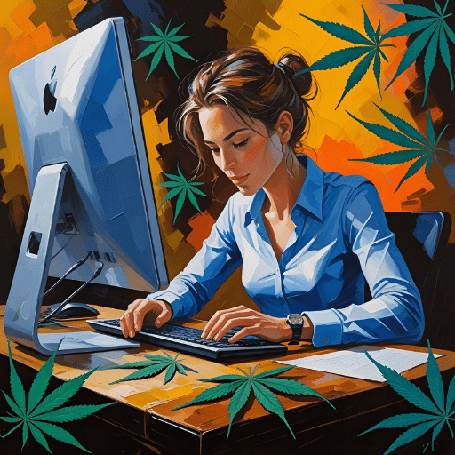 Women writing content for a cannabis brand with cannabis leaves on her desk and in the background.